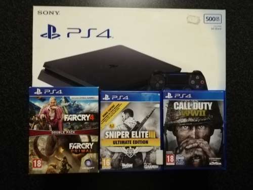 PS4 Slim Console, 2x Original Remotes, 4x Games