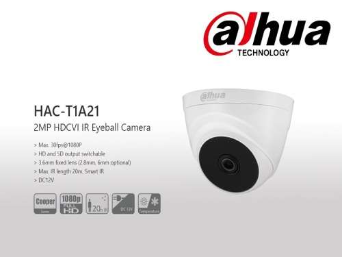 Dahua 2MP 2.8MM Lens Dome Camera With 20M IR Distance (DH-HAC-T1A21P-2.8)