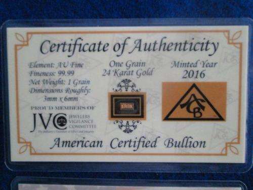ACB GOLD SOLID 24K BULLION MINTED. 1GRAIN BAR 99.99 FINE W/ CERT 0F AUTHENTICITY.
