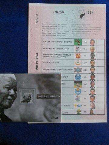 Official Election 1994 Provincial ballot paper NATAL + MANDELA 1918-2013 OFFICIAL SAPO S/FOLDER.