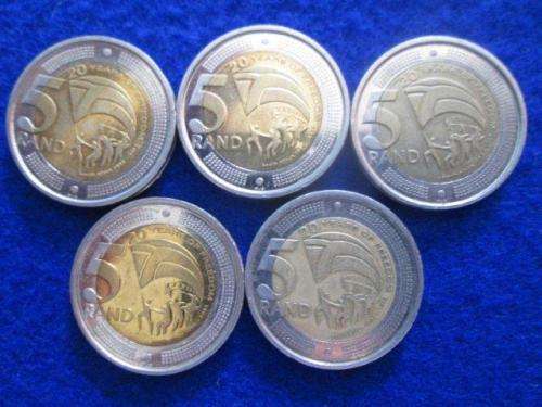 5 X 20 YEARS FREEDOM R5.00  CIRCULATED COINS. 2014.
