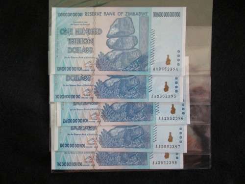 ZIMBABWE 100 Trillion Dollar Banknote AA Series. 5 Notes Available.