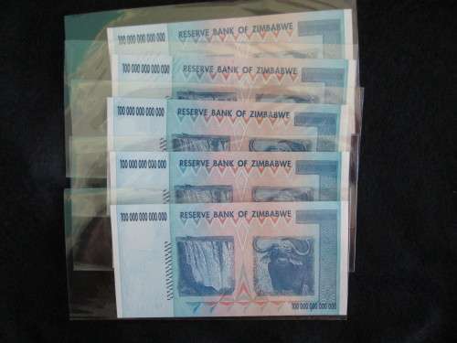 ZIMBABWE 100 Trillion Dollar Banknote AA Series. 5 Notes Available.