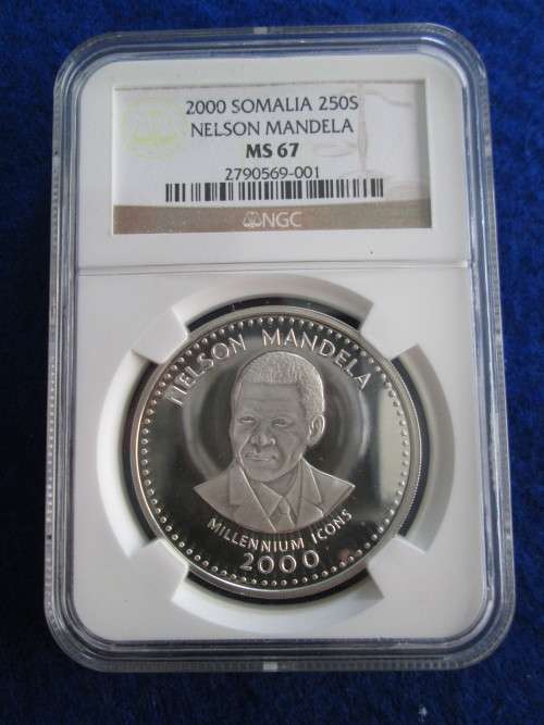 MS 67 Somalia 2000 Nelson Mandela 250 Shilling Sterling Silver. NGC Graded.