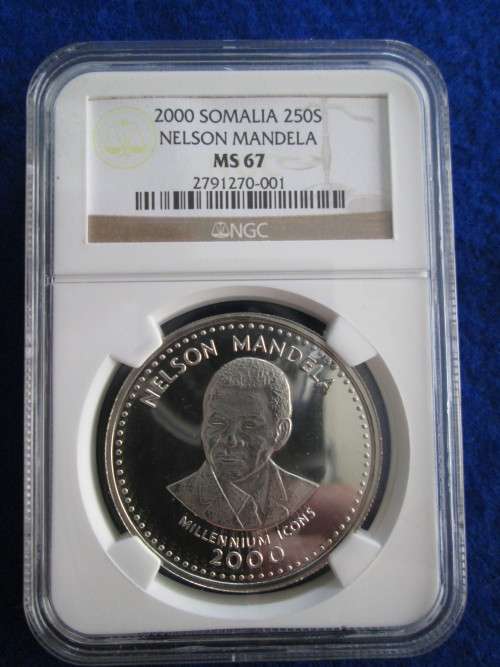 MS 67 Somalia 2000 Nelson Mandela 250 Shilling Sterling Silver. NGC Graded.