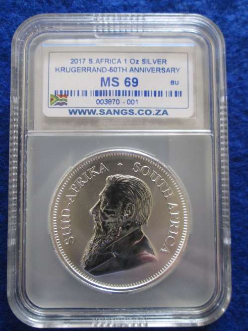 2017 SILVER 1OZ PREMIUM UNC KRUGERRAND.  SANGS Graded MS 69. 50th Anniversary.