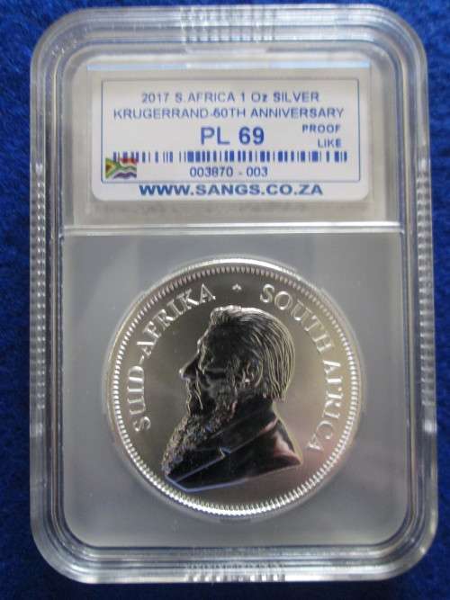 2017 SILVER 1OZ PREMIUM UNC KRUGERRAND.  SANGS Graded PL 69. 50th Anniversary.