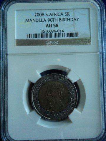 2008 Mandela Birthday R5 AU58.  NGC Graded.  Bid per coin.  Serial # may differ.