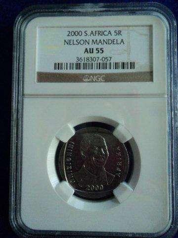NGC AU55 - 2000 Nelson Mandela R5 + 2 Stamps. CTO.