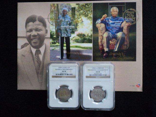 Mandela FDC 90th Birthday + AU 58 90th Birthday R5 + Pres. Inauguration AU 58 R5 NGC Graded.