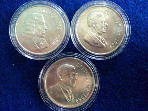 3 X R1 Silver Coins.  1966 - 1967 - 1969 Afrikaans.  Circulated.
