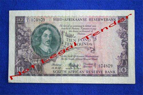 M H de Kock Ten Pounds Note.  18-12-1952.