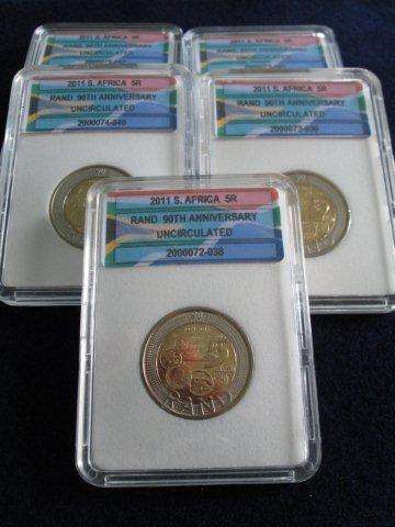 2011 - 90TH ANNIVERSARY OF THE SARB R5 COIN IN SLAB (Not Graded) FROM BAG OF 400.  (UNCIRCULATED).