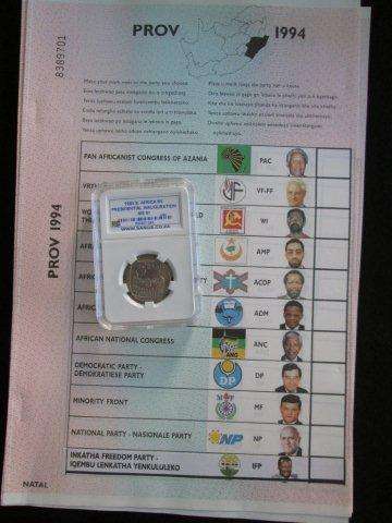 Presidential Inauguration MS61 Sangs Graded + 1994 BALLOT PAPER (with Nelson Mandela) Natal.