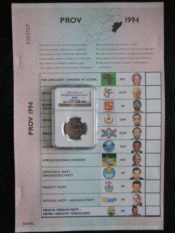 Pres.Inauguration MS63 Building in front NGC Graded + 1994 BALLOT PAPER (with Nelson Mandela) Natal.