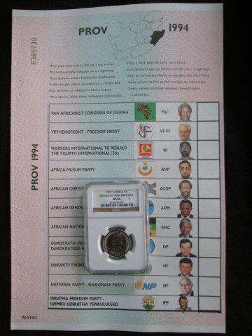Mandela 90th Birthday R5 MS66 + 1994 Provincial Ballot Paper Natal.  Bid per set.