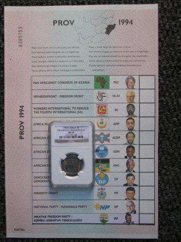 Mandela Presidential Inauguration R5 MS62 + 1994 Provincial Ballot Paper Natal.