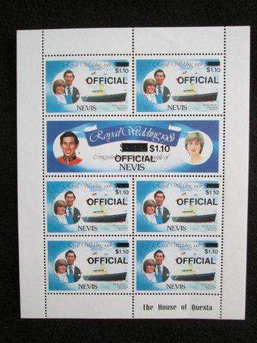 NEVIS 1981 ROYAL WEDDING SOUVENIR SHEET REVALUED and OVERPRINTED OFFICIAL IN BLACK. MNH