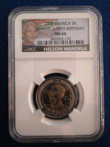 Mandela 90th Birthday R5. MS66 - NGC Graded. New Label.