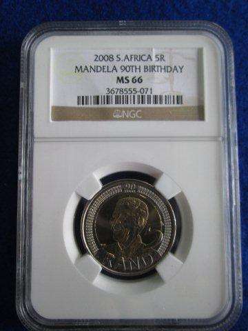 Mandela 90th Birthday R5. MS66 - NGC Graded. Serial # may differ.