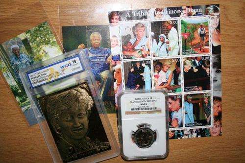 Mandela - Diana Combo. MS 65 90th Birthday 5R - 23 Karat Diana Gold Card. + Stamps.
