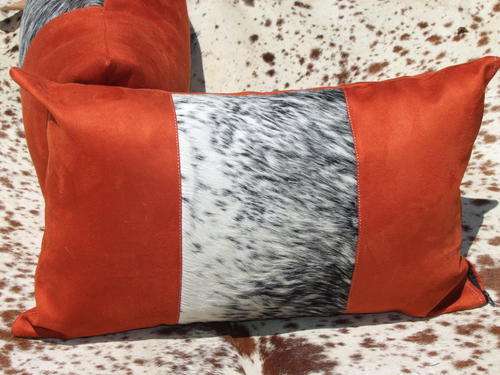 NGUNI HIDE CUSHIONS - ORANGE SUEDE WITH BLACK & WHITE HIDE