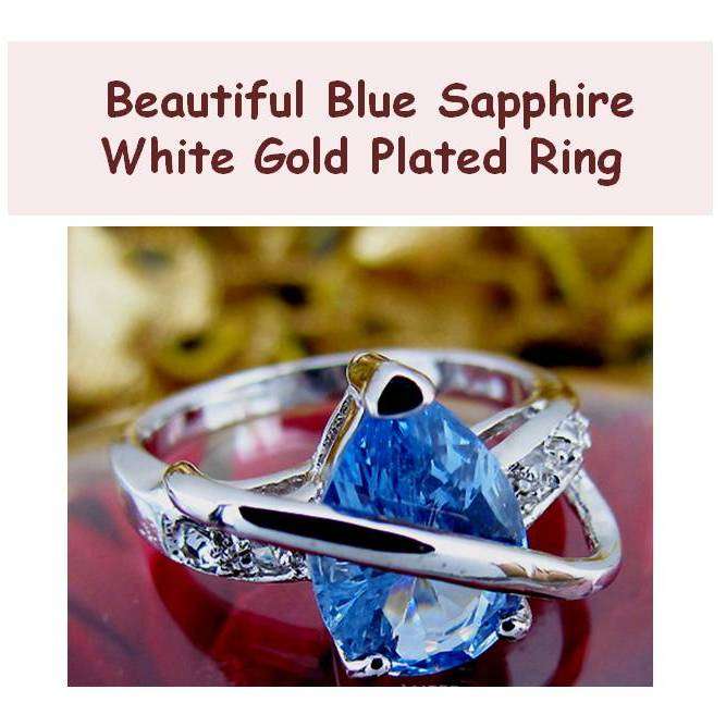 Beautiful 18K White Gold Plated Created Blue Sapphire Ladies Ring