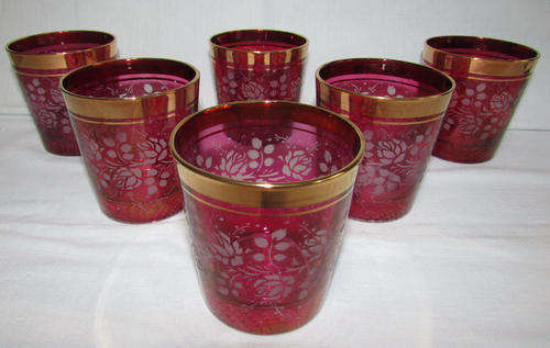 SET OF 6 BOHEMIAN CRANBERRY COLOURED GLASSES WITH GOLD RIM