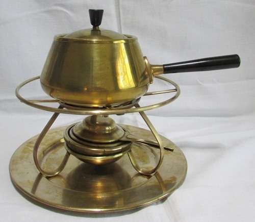 VINTAGE ORIGINAL SWISS BRASS FONDUE SET