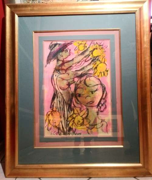 FRANS CLAERHOUT - DELIGHTFUL MIXED MEDIA PAINTING - Woman with Sunflowers