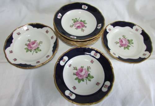 REICHENBACH (THURINGIA)  SOUP / PORRIDGE  PLATES - Cobalt Blue with Gold Rims - RARE