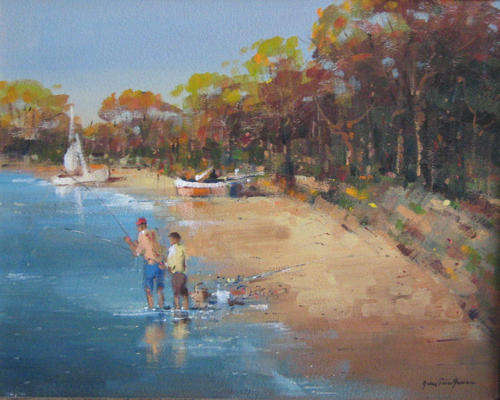GIAN-PIERO GARIZIO (1931 - ) - OIL - FISHING ON THE BEACH