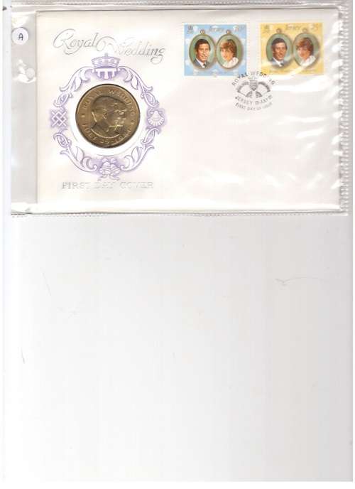 ROYAL WEDDING JERSEY 1981 FIRST DAY COVER WITH CROWN-SIZE 2 POUNDS COIN SEE PICS