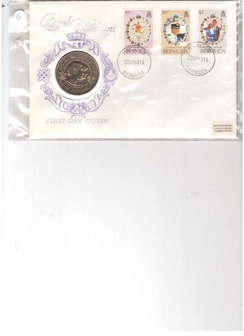 1981 ROYAL WEDDING BERMUDA FIRST DAY COVER WITH CROWN SIZE ONE DOLLAR COIN SEE PICS