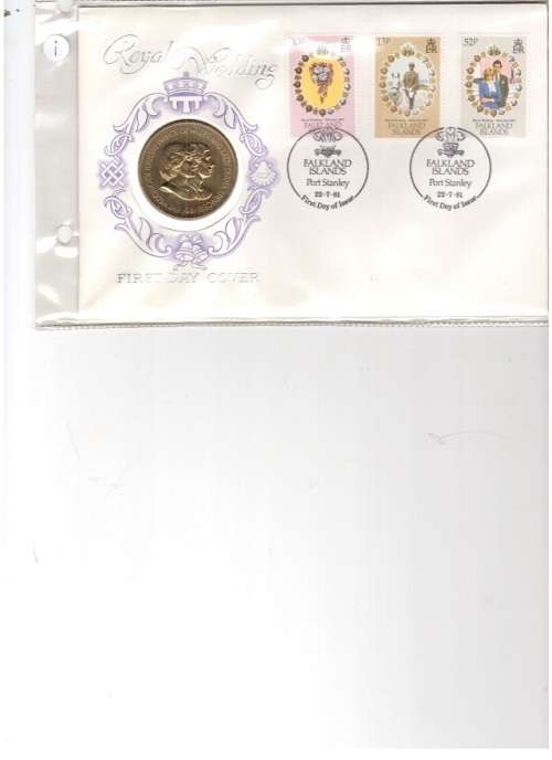 1981 ROYAL WEDDING FALKLAND ISLANDS FIRST DAY COVER WITH CROWN SIZE 50 PENCE COIN SEE PICS