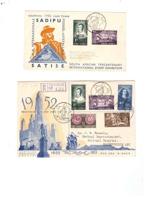 2 X SOUTH AFRICA UNION FIRST DAY COVERS 1952 SEE PICS!!!!