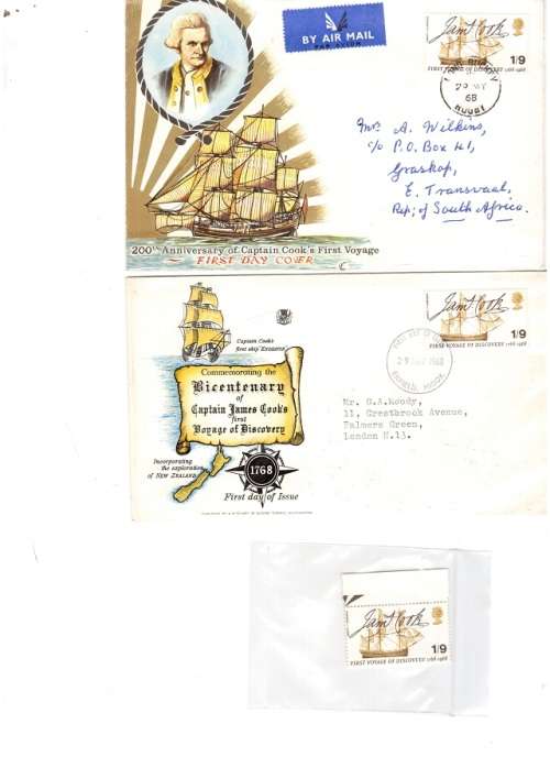 GREAT BRITAIN 2 X FDC`S 1768 -1968 CAPTAIN COOK`S FIRST VOYAGE PLUS MINT STAMP SEE PICS!!!