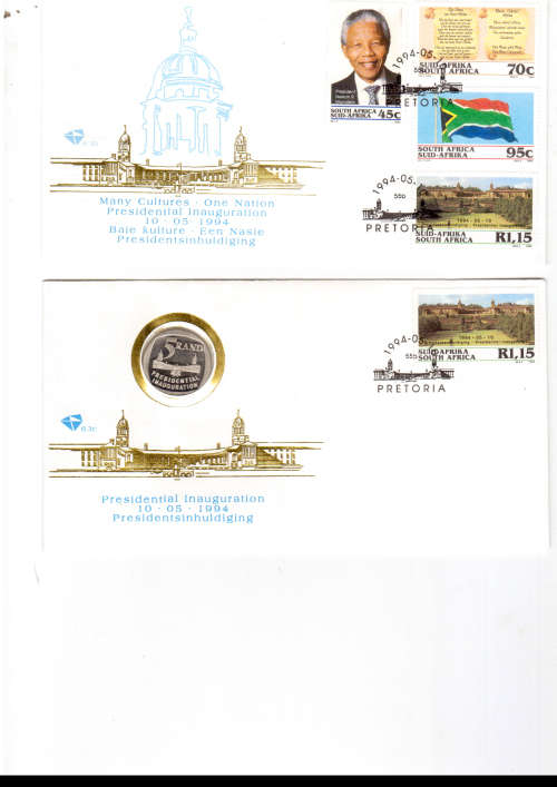 MANDELA 1994 PRESIDENTIAL INAUGURATION FDC 6.3B AND 6.3C WITH R5 COIN ,4 X CONTROLS SEE PICS