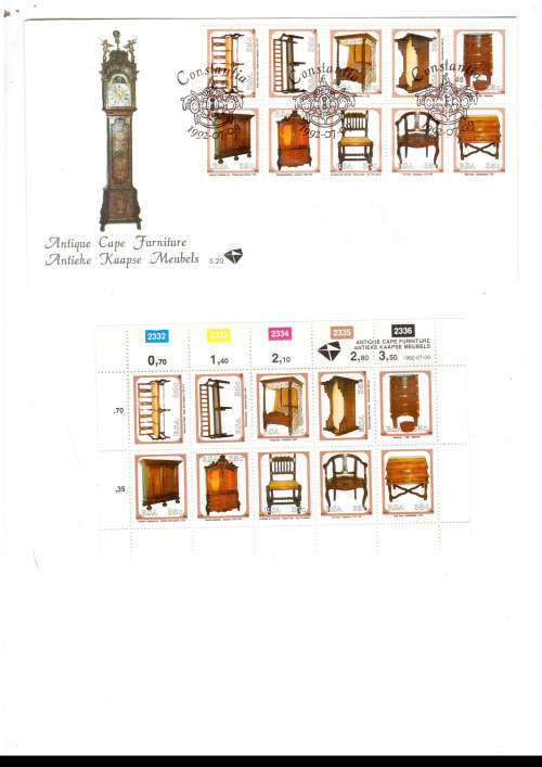 1 X RSA FDC ANTIQUE CAPE FURNITURE 9/07/1992PLUS 1 CONTROL BLOCK OF 10 STAMPS ALL MINT SEE PICS