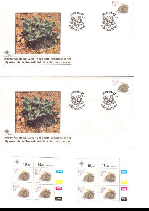 2 X RSA FDCS ADDITIONAL STAMP VALUE TO TH 5 TH DEF SERIES 1/4/1989 PLUS 2 CONTROL BLOCKS SEE PICS