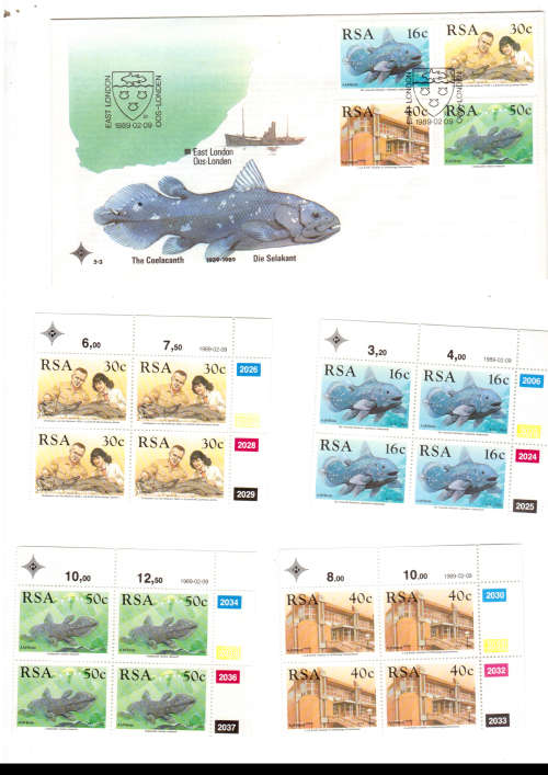 1 X RSA FDC SOELACANTH 9/2/1989 PLUS 4 X CONTROL BLOCKS WITH 4 STAMPS EACH ALL MINT SEE PICS