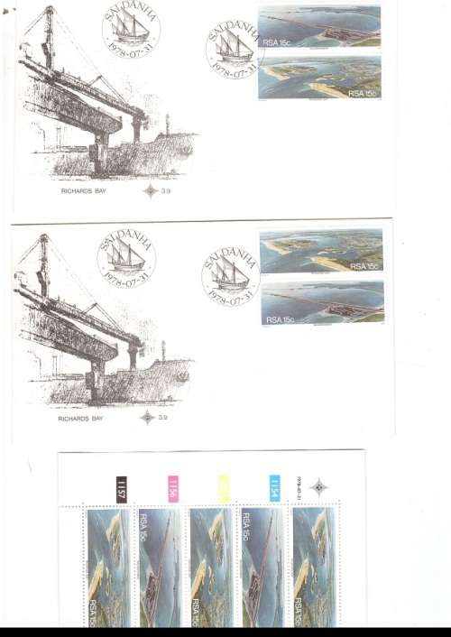 2 X RSA FDC`S SALDANHA RICHARDS BAY PLUS 1 X CONTROL BLOCK  WITH 5 STAMPS ALL MINT SEE PICS