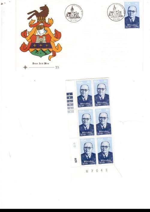 1 X RSA FDC D F MALAN 22/5/1974 PLUS 1 X CONTROL BLOCK WITH 6 MINT STAMPS SEE PICS