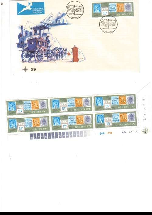 1 X RSA FDC UPU 9/10/1974 PLUS 1 X CONTROL BLOCK WITH 6 MINT STAMPS SEE PICS