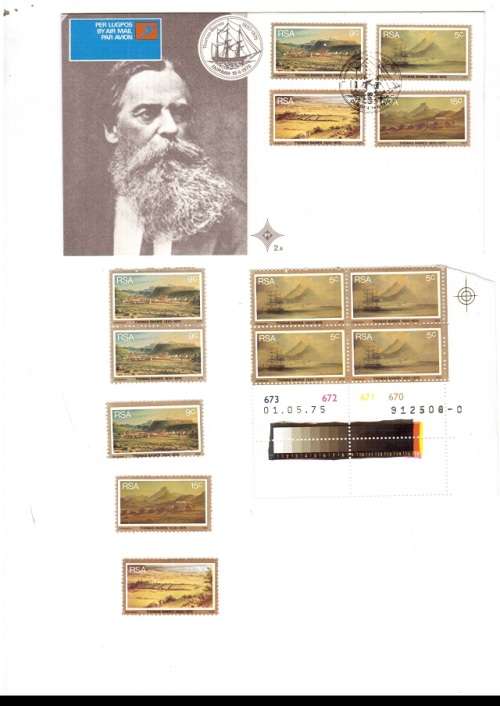 1 X RSA FDC THOMAS BAINES 1975 PLUS 1 CONTROL BLOCK 4 MINT STAMPS AND 5 MINT STAMPS SEE PICS