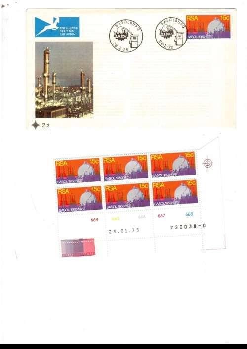 1 X RSA FDC SASOL 1975 PLUS 1 X CONTROL BLOCK OF 6 MINT STAMPS SEE PICS