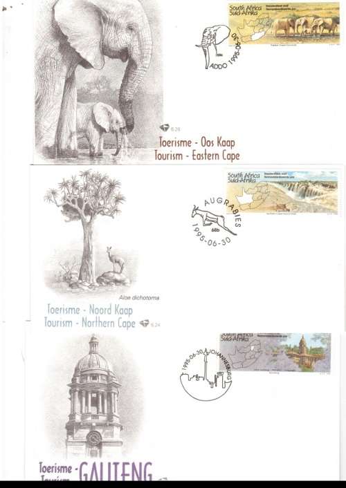 5 X RSA FDC`S TOURISM 1995 PLUS 1 X CONTROL BLOCK OF 5 MINT STAMPS SEE PICS