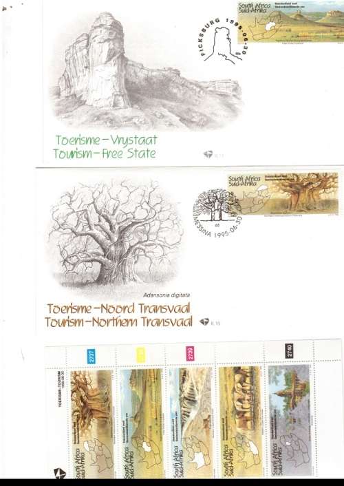 5 X RSA FDC`S TOURISM 1995 PLUS 1 X CONTROL BLOCK OF 5 MINT STAMPS SEE PICS