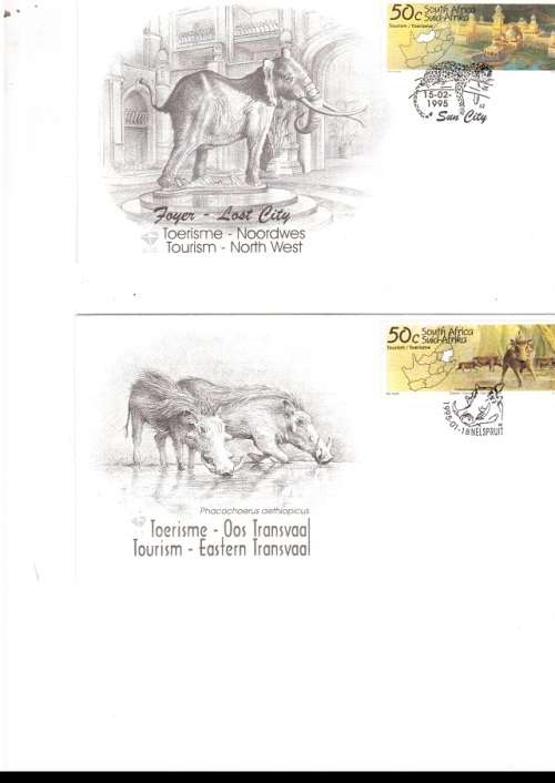 2 X RSA FDC`S TOURISM NORTH WEST AND EASTERN TRANSVAAL 1995 PLUS 2 X CB OF 4 MINT STAMPS EACH