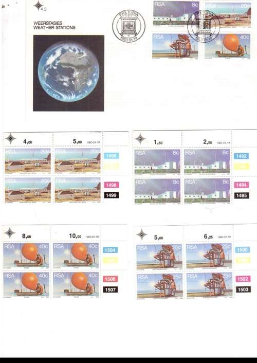 1 X RSA FDC WEATHER STATIONS 1983 PLUS 4 X CONTROL BLOCKS OF 4 MINT STAMPS EACH SEE PICS